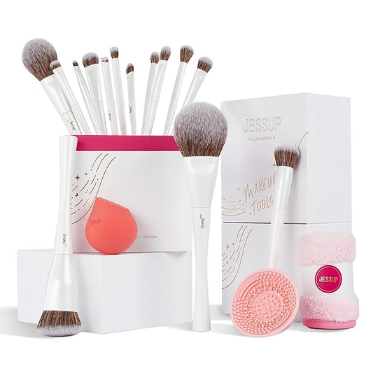 Jessup Makeup Brushes Set 14pcs Highend Makeup Gift Set for Women Include Foundation Concealer Blush Contour Powder Eye Shadow Brush, Makeup Sponge, Makeup Brush Cleaner and Towel, Pearl White T333-FemmiqueWomen