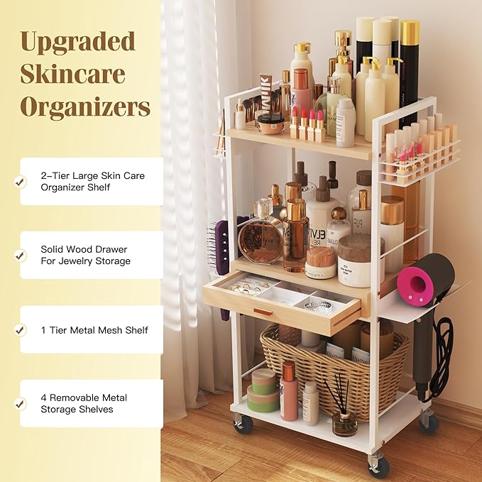 Makeup Organizer Storage Cart, Floor Skincare Organizers, Makeup Stand with Drawers, Vanity Organizer Cosmetics Display Cases Holder for Skin Care Nail Polish Perfume Makeup Brush Hair Tool-FemmiqueWomen