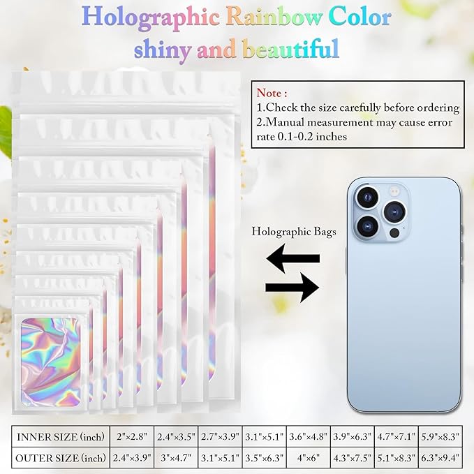 100 Pack Holographic Bags, Smell Proof Packaging Bags, Clear Window Resealable Odor Foil Pouch Mylar Bag for Food Storage and Lipgloss, Jewelry Lash (White, 3 x 4.7 Inch)-FemmiqueWomen