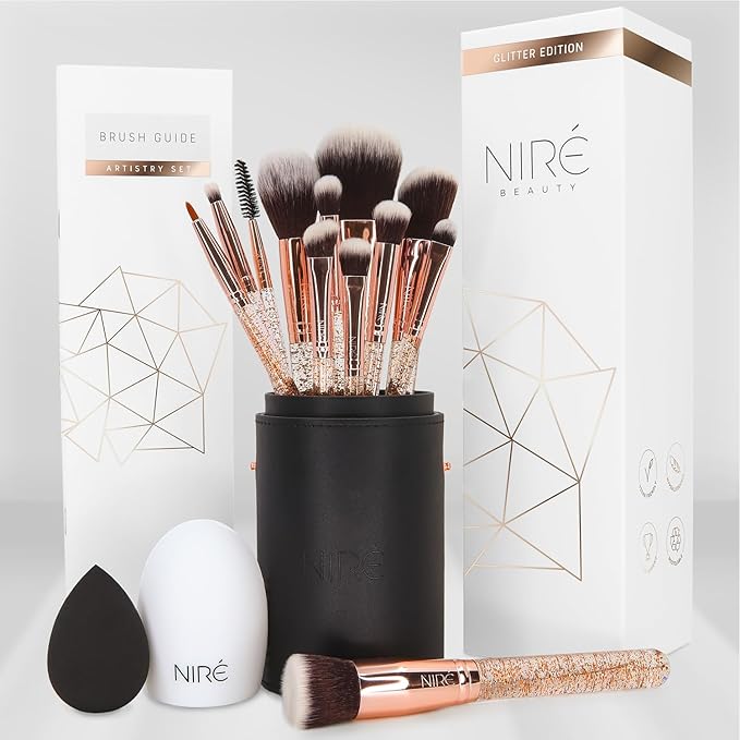 Niré Beauty 15piece Award Winning Glitter Makeup Brushes: Cute Makeup Brushes Set with Case, Beauty Blender, Cleaner, Guide, Gift Box-FemmiqueWomen