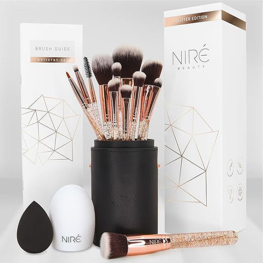 Niré Beauty 15piece Award Winning Glitter Makeup Brushes: Cute Makeup Brushes Set with Case, Beauty Blender, Cleaner, Guide, Gift Box-FemmiqueWomen