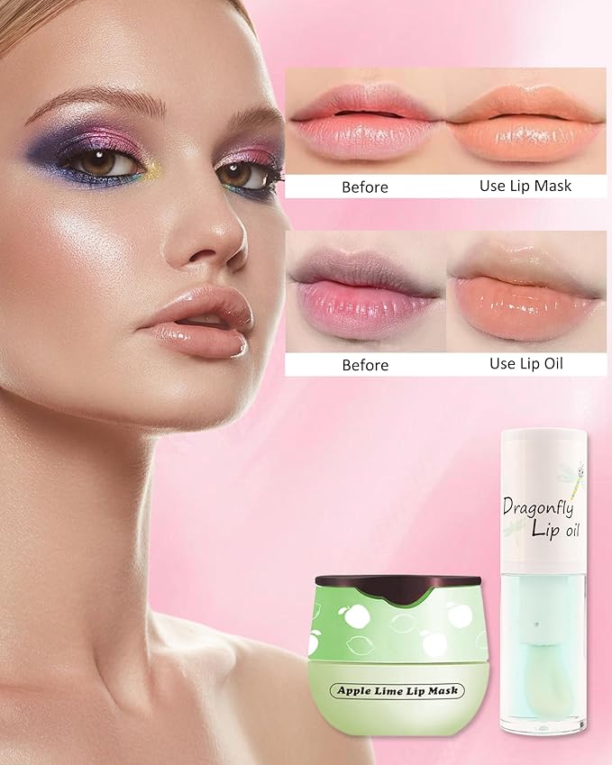 2Pcs Apple Lime Lip Bee Balm Honey Pot Lip Mask & Lip Glowy Oil Lip Gloss Care Set, Propolis Moisturizing & Nourish Lip Gloss Repair, Plump Dry Cracked Lip Scrub Exfoliator bálsamo para labios -Set D-FemmiqueWomen