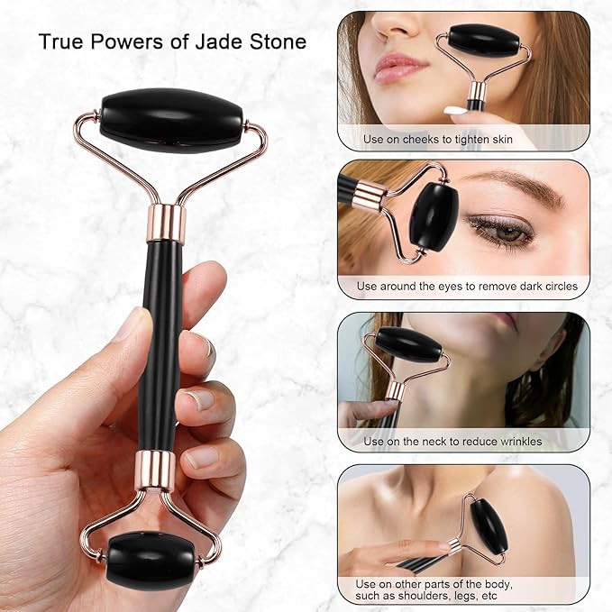 Jade Roller for Face, Facial Roller Massager Skin Care Tool, Gua Sha Facial Tools for Face, Neck, Eyes, Reduce Puffiness of The Skin (Black)-FemmiqueWomen