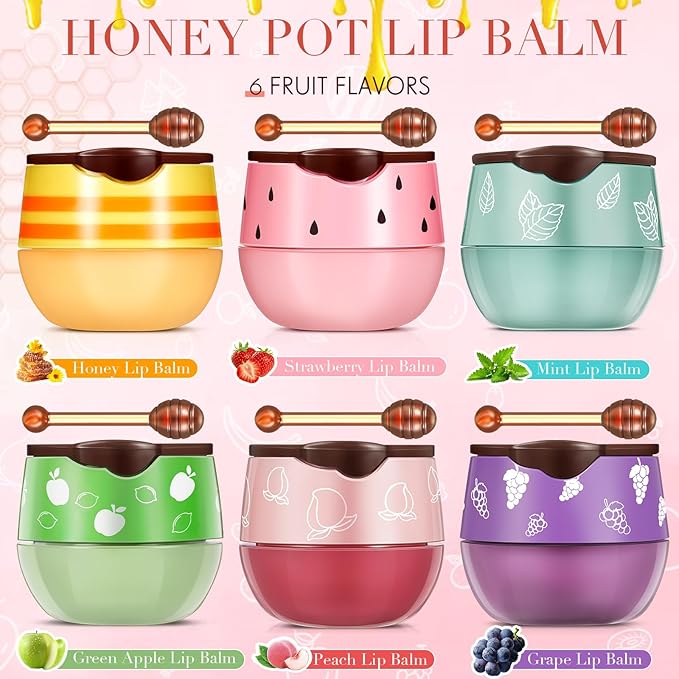 12 Pcs Bee Lip Balm Honey Pot with Brush Propolis Lip Mask Overnight, Moisturizing Hydrating Lip Sleeping Mask Prevention Dry and Cracked(Honey+Peach+Grape+Strawberry+Apple Lime+Mint)-FemmiqueWomen