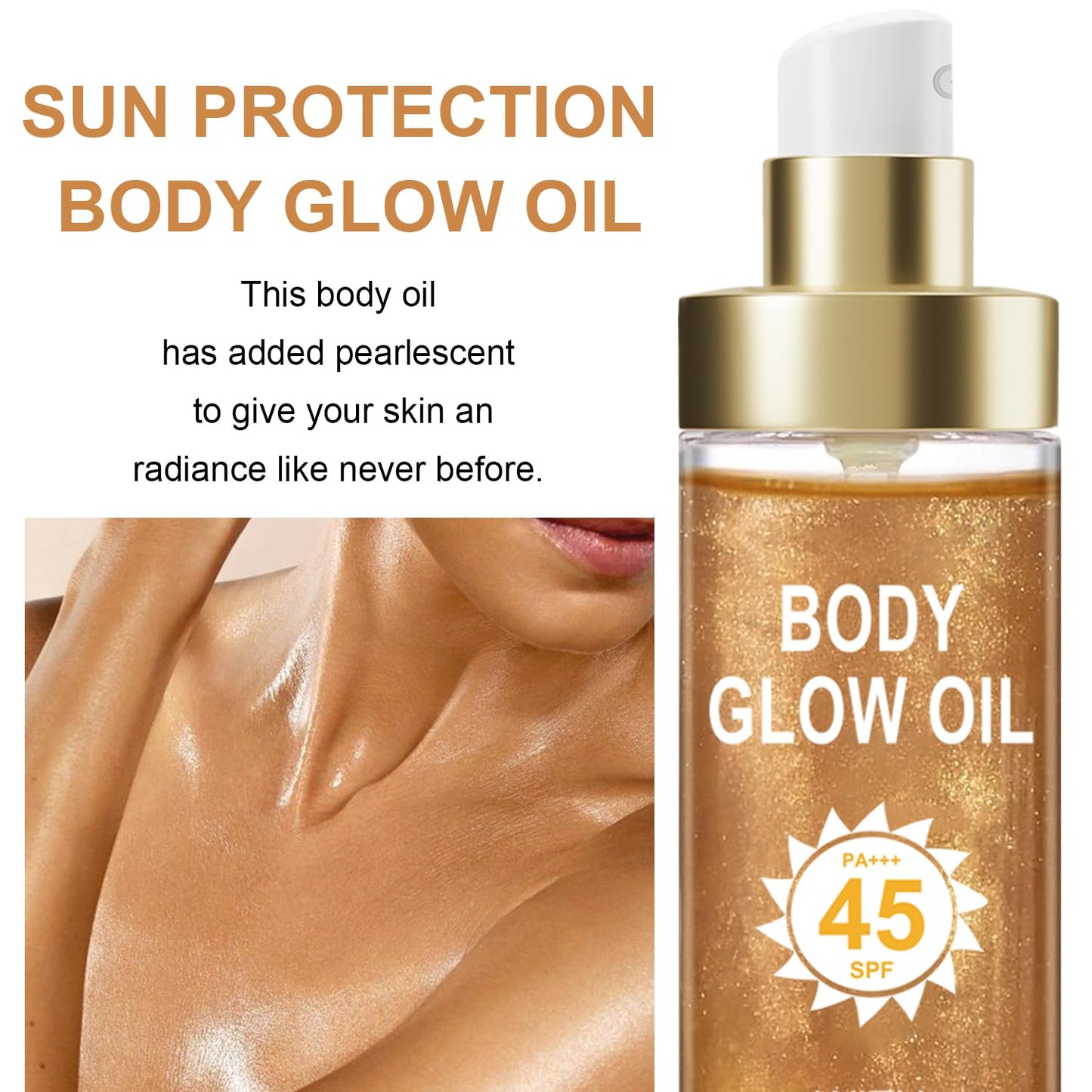 Body Glow Oil, Sunscreen Shimmer Oil, SPF 45 Broad Spectrum, Body Oil with with Coconut Oils, Moisturizing Glow for Face & Body, Liquid Illuminator Highlighter, Water Resistant, 3.72 fl oz (#3 AMBER)-FemmiqueWomen