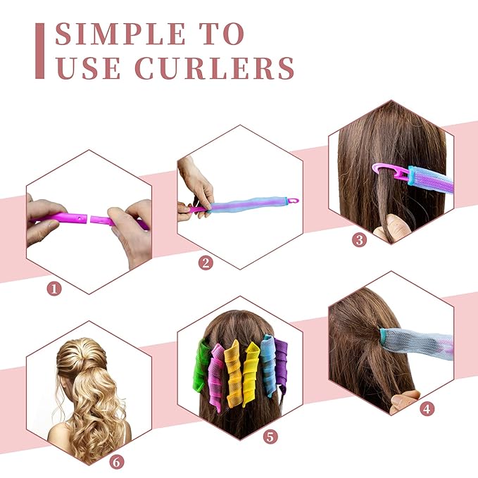 30pcs Heatless Hair Curlers Rollers Spiral Curls Styling Kit with 2 Sets Styling Hooks,No Heat Curlers for Women Girl's (9.8 Inch/25 cm)-FemmiqueWomen