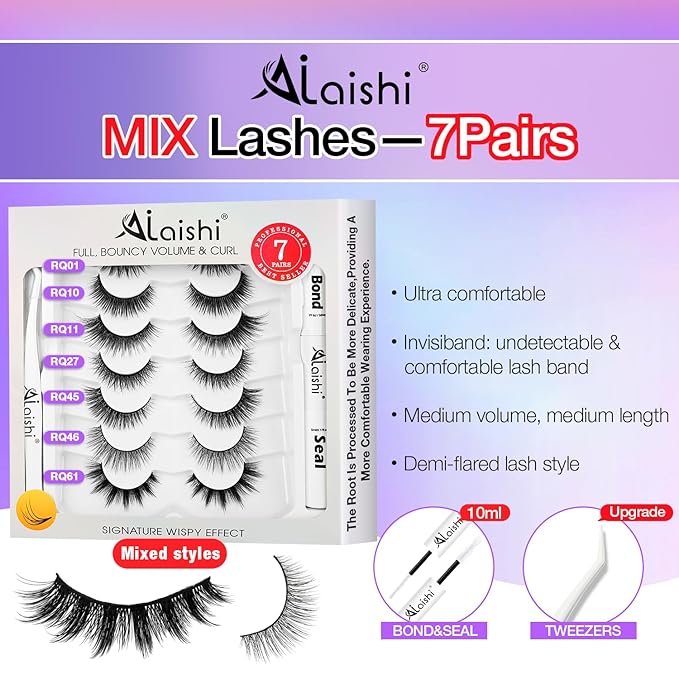 Wispy False Eyelashes Kit With Bond, Seal and Tweezer, 7 Pairs Natural Look Fake Cat Eye Lashes Strips Thin Band Extensions Waterproof Easy Eyelashes for Beginners RQ7Variety Mix-FemmiqueWomen
