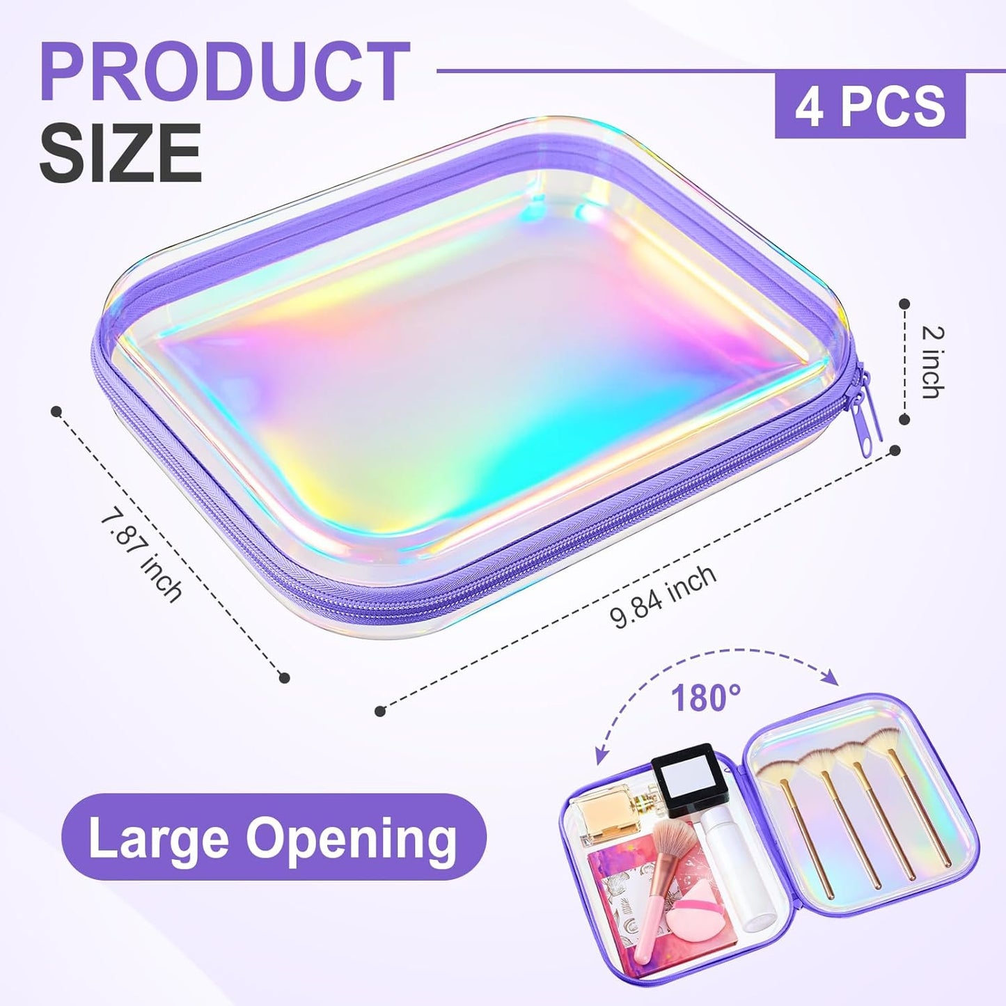 Hoolerry 4 Pcs Hard Clear Zipper Case Makeup Bags Plastic Pencil Pouch Transparent Storage Box Containers for Cosmetics, Snacks, Building Blocks, Puzzles(Purple Laser,9.8 x 7.9 x 2 in)-FemmiqueWomen