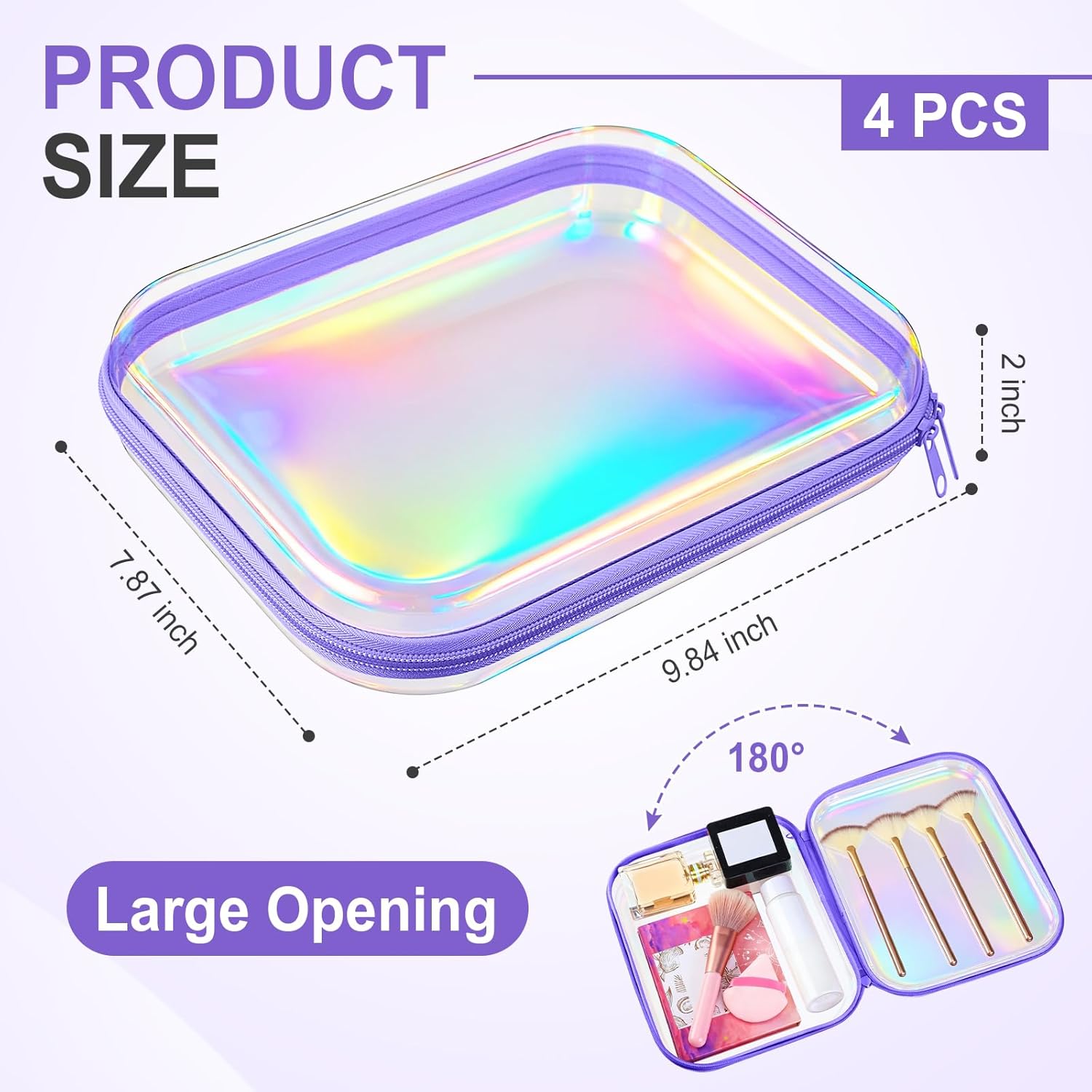 Hoolerry 4 Pcs Hard Clear Zipper Case Makeup Bags Plastic Pencil Pouch Transparent Storage Box Containers for Cosmetics, Snacks, Building Blocks, Puzzles(Purple Laser,9.8 x 7.9 x 2 in)-FemmiqueWomen