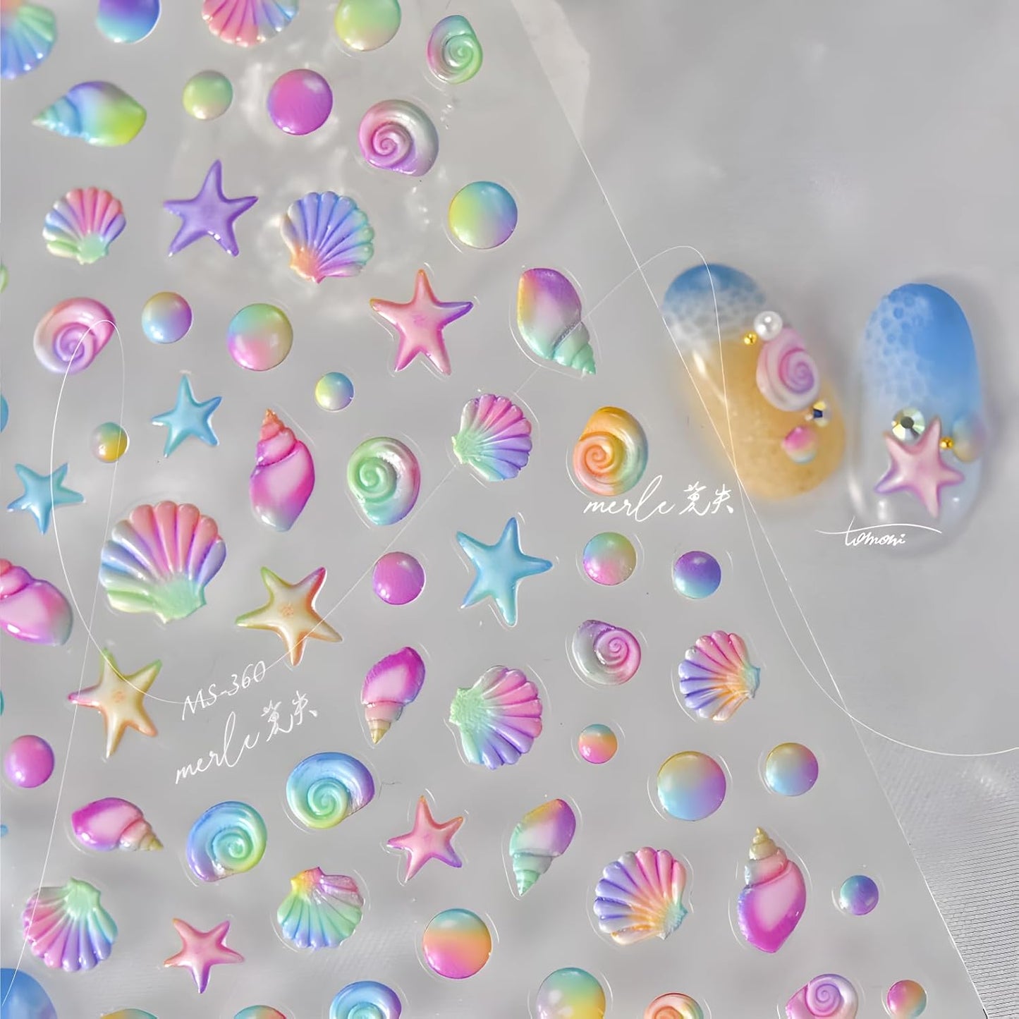2 Sheets Starfish Nail Stickers - 5D Embossed Self-Adhesive Decals for Summer Nail Art - Colorful Beach Shell Design Supplies Decoration for Women and Girls-FemmiqueWomen