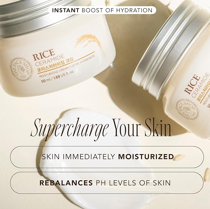 The Face Shop Rice Ceramide Moisturizing Cream - Rice Extract + Rice Bran Oil - Hydrating Targets Dryness, Brightening - Dermatologically Tested - Lightweight Moisturizer Face Cream - Korean Skin Care-FemmiqueWomen