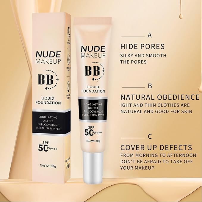 BB Cream Tinted Moisturizer with SPF50, BB Cream Full Coverage Foundation Hide Pore Spot, Hydrating LightWeight Matte BB Cream, Waterproof Long Lasting BB Cream for Oily Skin (Natural)-FemmiqueWomen