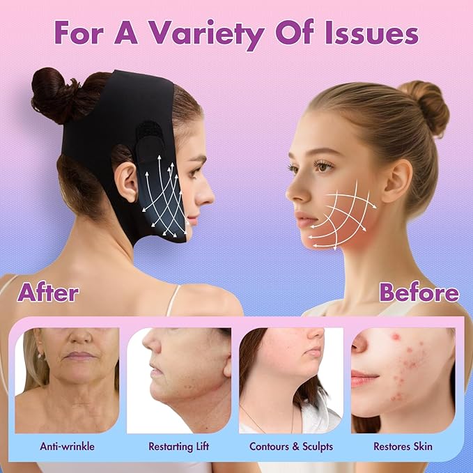 2 Pack Face Slimming Strap, Double Chin Reducer Band, Graphene V-Line Mask Chin Up Mask V Shaped Face Mask Chin strap for sleeping, V-Line Lifting Mask for Women, Medium, Black and Pink-FemmiqueWomen