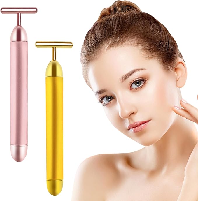 2 Pack T Shape Face Massager Beauty Bar Golden & Pink Facial Massager, Portable Electric Vibration Face Neck Body Massager for Firming Lifting Anti Aging Skin Tightening Wrinkle Reducing-FemmiqueWomen