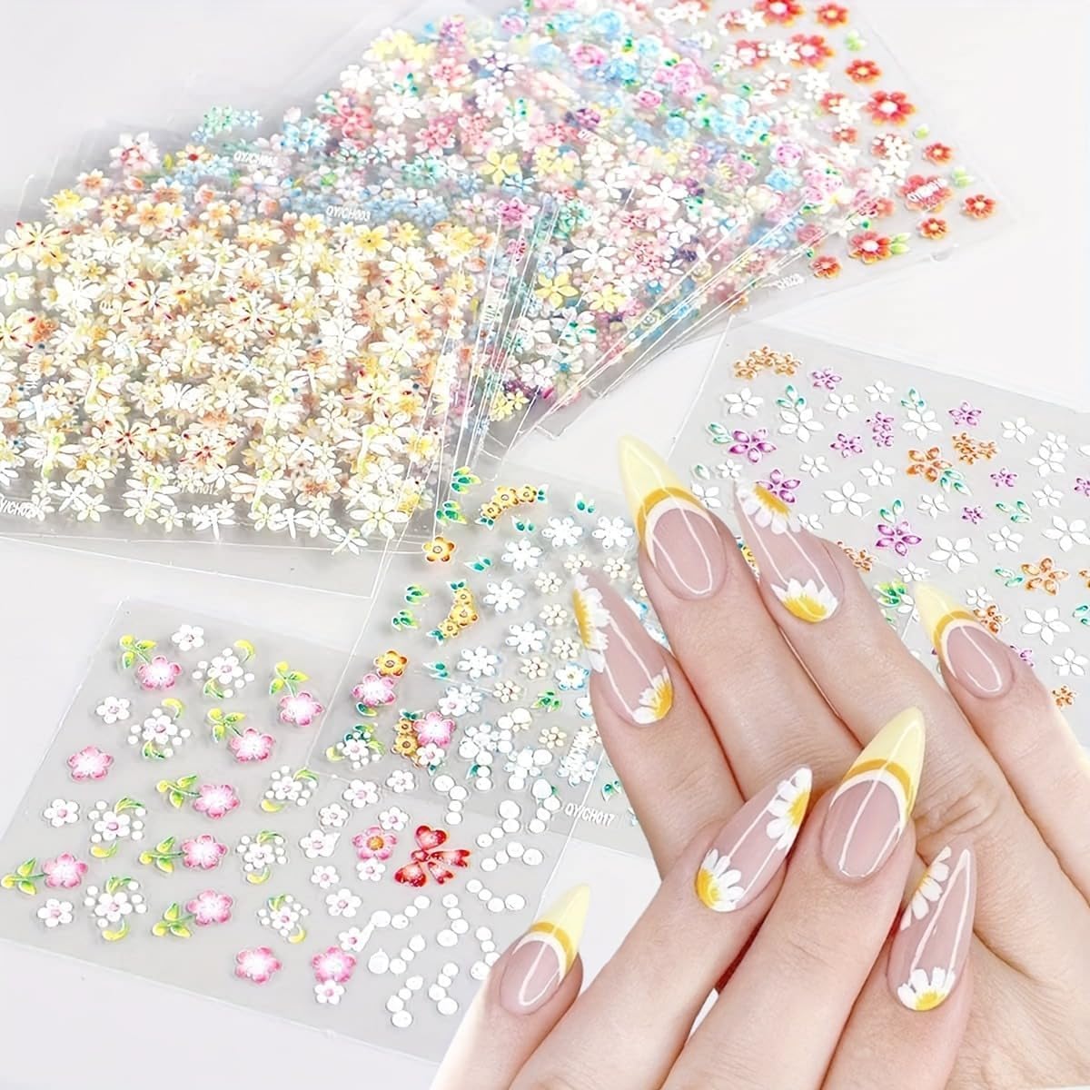 30 Sheets Flower Nail Stickers Colorful 3D Self Adhesive Cute Daisy Floral Nail Decals Heart Nail Art Charms for DIY Design (ST-F)-FemmiqueWomen