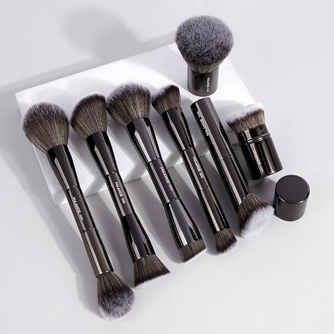 MAANGE 7pcs Makeup Brush Set Double Sided Kabuki Makeup Brushes Contour Brush for Foundation Liquid Powder Concealer Cream Cosmetics Bronzer Blending Blush Buffing Makeup Tools (Black)-FemmiqueWomen