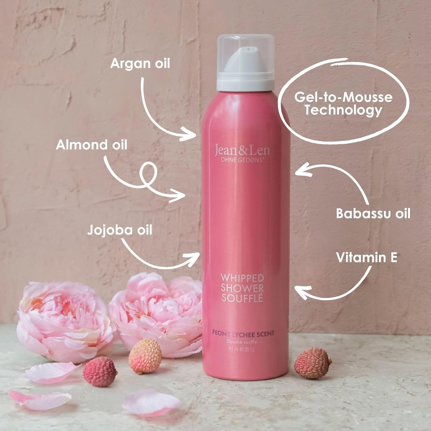 Jean & Len Shower Soufflé Peony & Lychee, with almond, jojoba & babussa oil, for a fragrant cleansing experience, for normal to dry skin, shower foam, without parabens & silicones, vegan, 6.76 Fl. Oz.-FemmiqueWomen