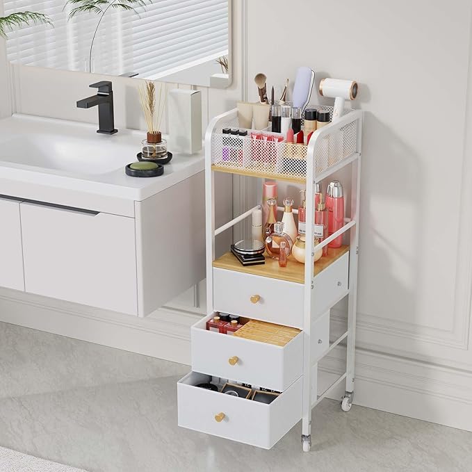 HapiRm Rolling Makeup Cart Organizer - Floor Skincare Make Up Storage with 3 Drawers, Vanity Organizer Cosmetic Display Cases Holder for Skin Care Perfume Nail Polish Brush Hair Tool-FemmiqueWomen