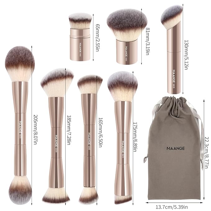 MAANGE 7pcs Makeup Brush Set Double Sided Kabuki Makeup Brushes Contour Brush for Foundation Liquid Powder Concealer Cream Cosmetics Bronzer Blending Blush Buffing Makeup Tools (Gold)-FemmiqueWomen