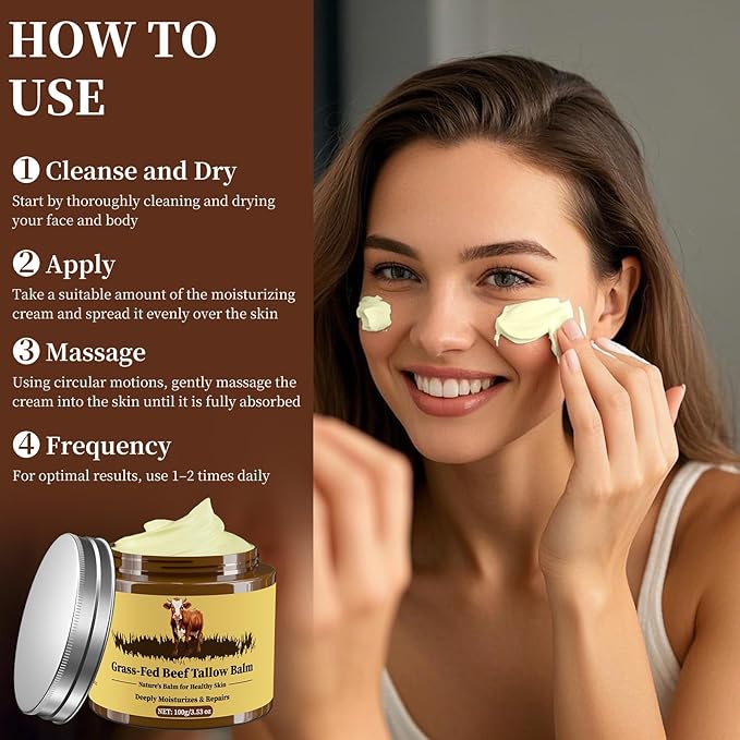Beef Tallow for Skin, Tallow and Honey Balm, Facial Moisturizer Cream, 100% Organic Grass Fed Whipped Beef Tallow Balm Deeply Moisturizing for Face & Body, Suitable For All Skin Types(3.53oz)-FemmiqueWomen