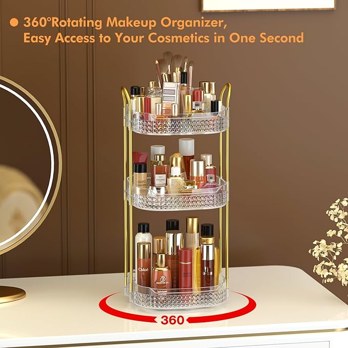 Awenia Rotating Makeup Organizer 360, Stackable Adjustable Large Capacity Cosmetic Storage Unit,Dresser Bathroom Kitchen Countertop Organizer with Metal Handle, Plus Size (Clear, 3 Tier)-FemmiqueWomen