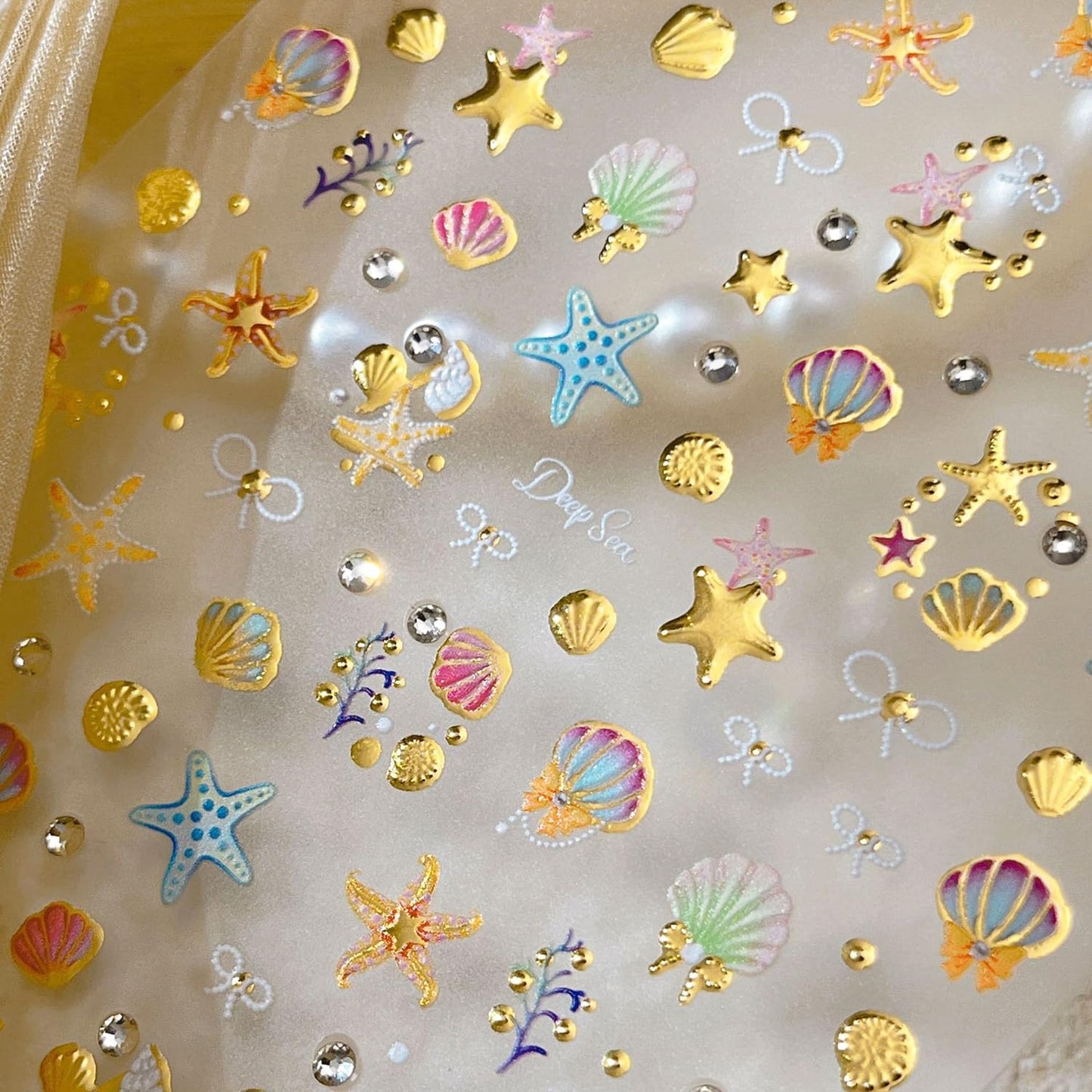 1 Sheets Summer Beach Nail Decals for Nail Art Gold Seashell Starfish Nail Stickers with Diamond Designs Coral Conch Bow Nail Art Stickers 5D Self-Adhesive Ocean Nail Design Supplies for Women-FemmiqueWomen