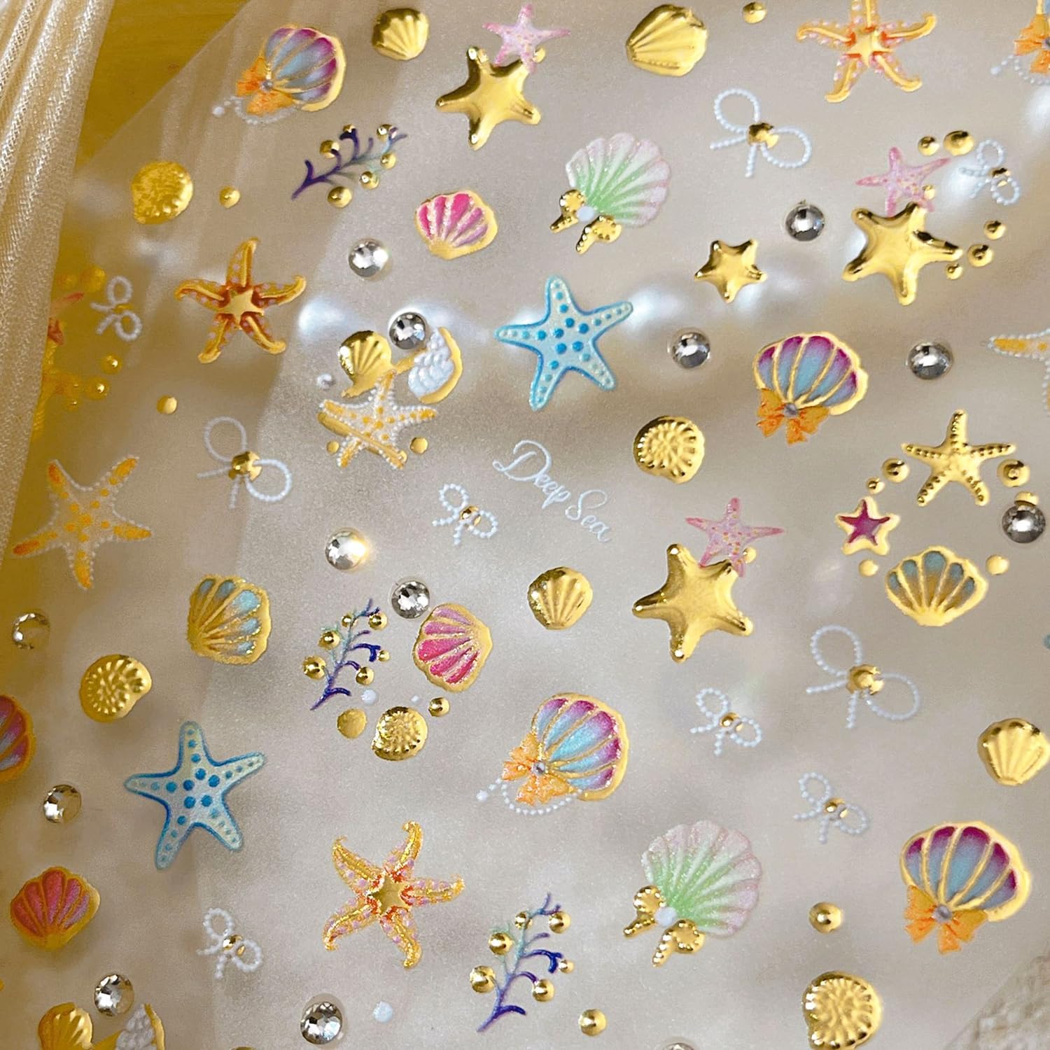 1 Sheets Summer Beach Nail Decals for Nail Art Gold Seashell Starfish Nail Stickers with Diamond Designs Coral Conch Bow Nail Art Stickers 5D Self-Adhesive Ocean Nail Design Supplies for Women-FemmiqueWomen