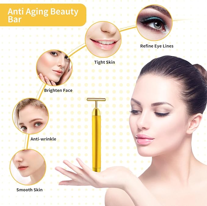 2 Pack T Shape Face Massager Beauty Bar Golden & Pink Facial Massager, Portable Electric Vibration Face Neck Body Massager for Firming Lifting Anti Aging Skin Tightening Wrinkle Reducing-FemmiqueWomen