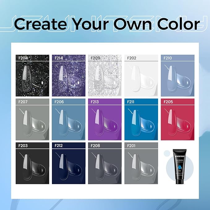 JEWHITENY Poly Nail Gel Kit 14 Colors Purple Nude Grey Black Blue Glitter Tones Starter Kit with UV Lamp Matte & Glossy Top & Base Coat All-in-One Designs DIY At Home-FemmiqueWomen