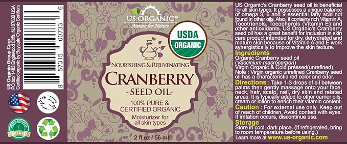 US Organic Cranberry Seed Oil, USDA Certified Organic,100% Pure & Natural, Cold Pressed Virgin, Unrefined in Amber Glass Bottle w/Glass Eyedropper for Easy Application (2 oz (56 ml))-FemmiqueWomen