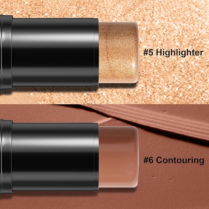 2Pcs Cream Contour Stick Makeup Kit, Cream Highlighter Stick and Bronzer Contour Stick with Longwear Waterproof Formula for Brightening and Trimming the Cheeks, Makeup Brush Include (#05, 06)-FemmiqueWomen