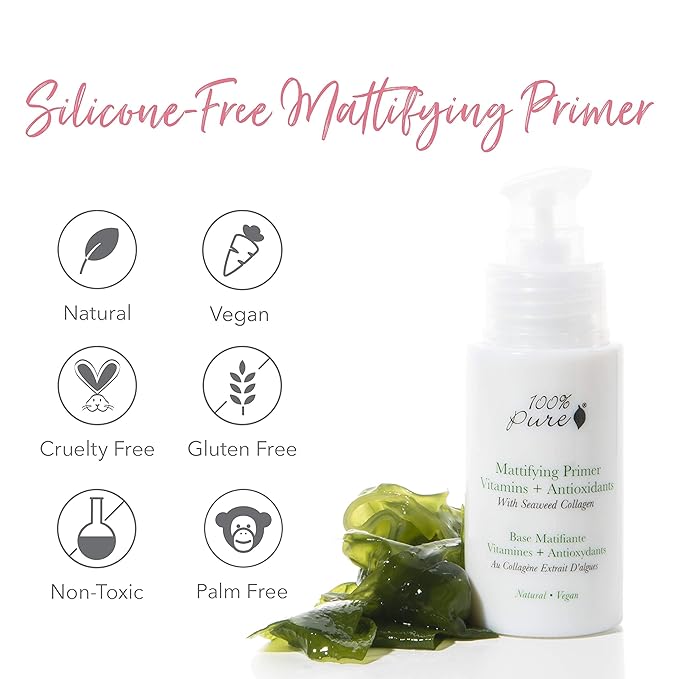100% PURE Mattifying Face Primer Plumping Makeup Base & Moisturizer with Anti-Aging Seaweed Collagen - Long-Lasting Matte Pore Diminishing Cosmetics Prep, Flawless Smooth Skin Hydration - 1 oz-FemmiqueWomen