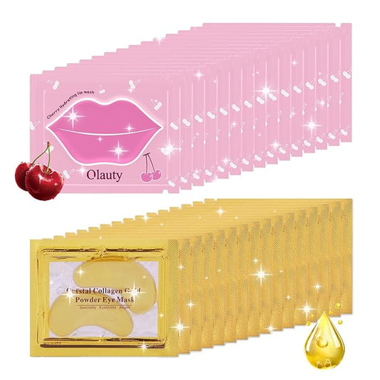 30 Pairs Lip Mask & Eye Mask, 24K Gold Gel Crystal Collagen Eye Pads for Puffy Eyes, Effectively Moisturizing the Lip & Eye Skin, Under Eye Patches for Dark Circles, Eye Bags, Wrinkles and Fine Lines-FemmiqueWomen