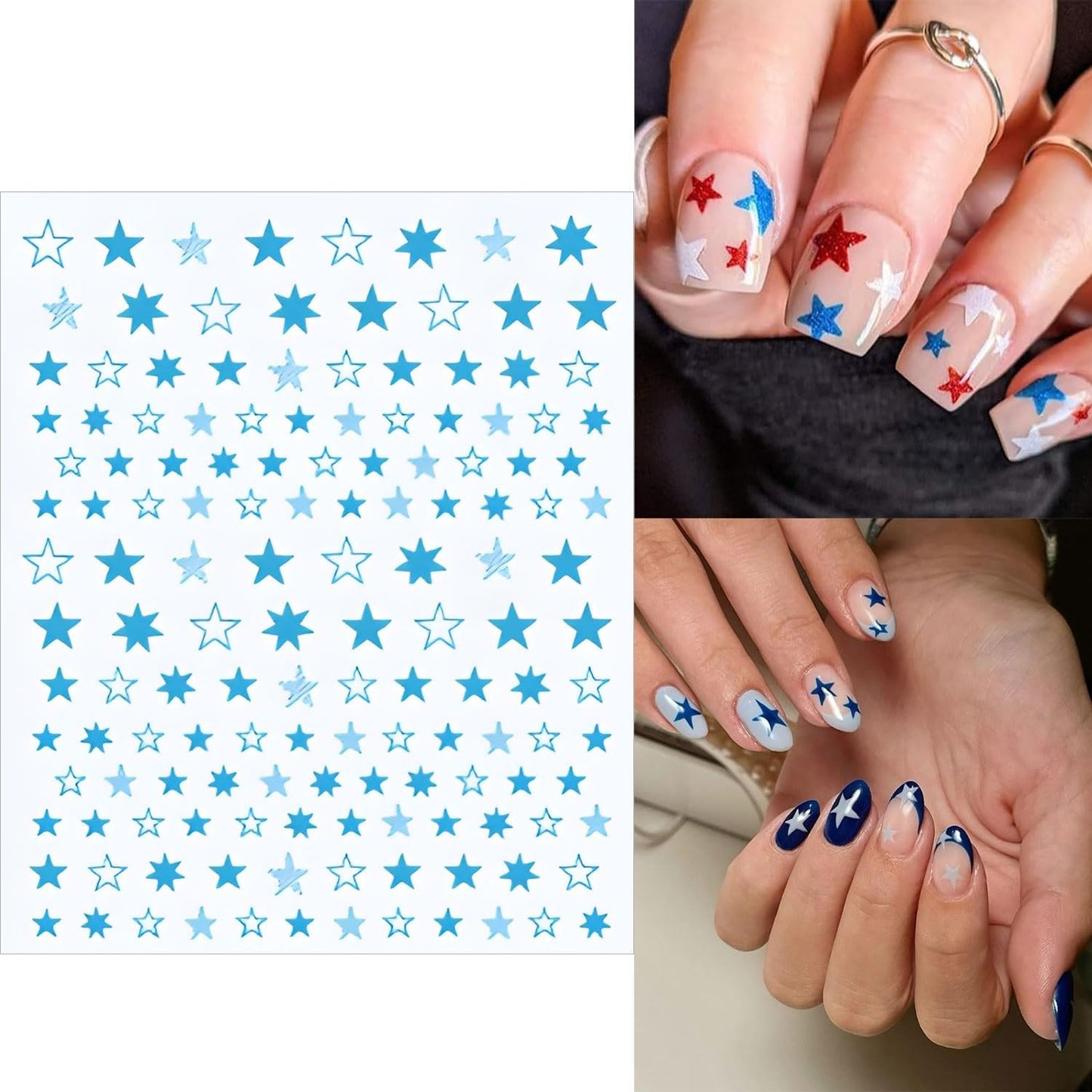 12 Sheets White Blue Red Star Nail Art Stickers 3D Self Adhesive 4th of July Nail Stickers for Nail Art Independence Day Nail Decals Star Nail Supplies Design for DIY Acrylic Nails for Women Girls-FemmiqueWomen