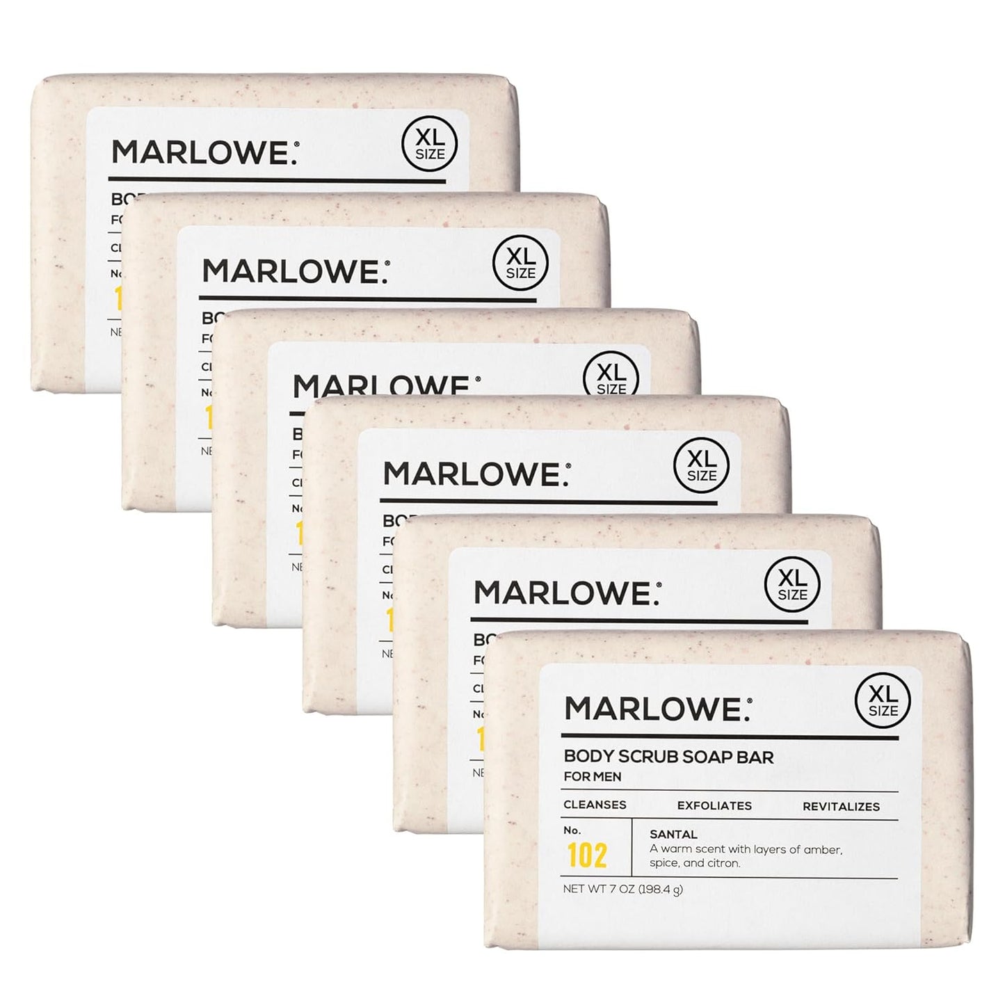 MARLOWE. No. 102 Body Scrub Soap 7 oz (6 Bars), Santal, Exfoliating Soap Bar with Shea Butter, Olive Oil & Green Tea Extracts, Cleanses, Smooths & Revitalizes Skin, Warm Amber, Spice & Citron Scent-FemmiqueWomen