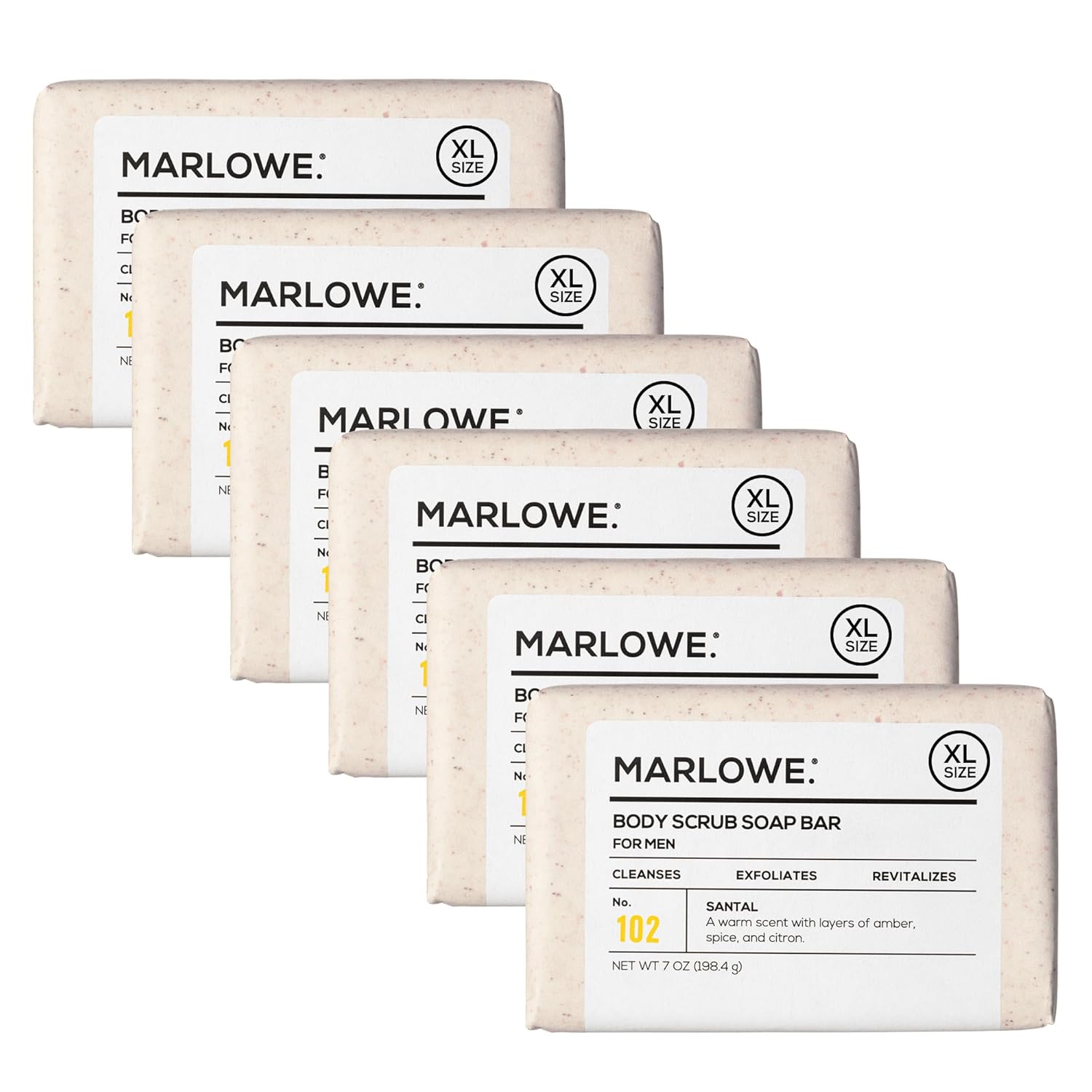MARLOWE. No. 102 Body Scrub Soap 7 oz (6 Bars), Santal, Exfoliating Soap Bar with Shea Butter, Olive Oil & Green Tea Extracts, Cleanses, Smooths & Revitalizes Skin, Warm Amber, Spice & Citron Scent-FemmiqueWomen