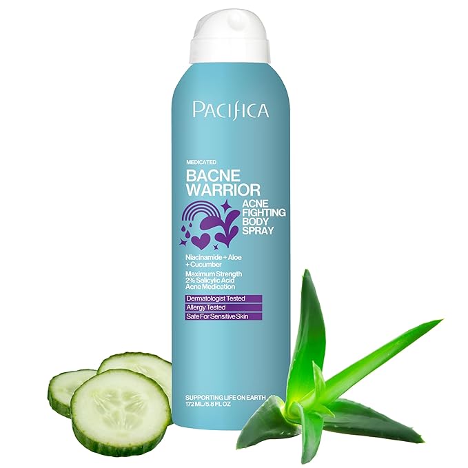 Pacifica Bacne Acne Cleanser Spray - Bacne Warrior - Body Spray for Acne Treatment - w/ 2% Salicylic Acid Niacinamide & Aloe - for Body, Chest & Back Acne for Teens & Adults Vegan Dermatologist Tested-FemmiqueWomen