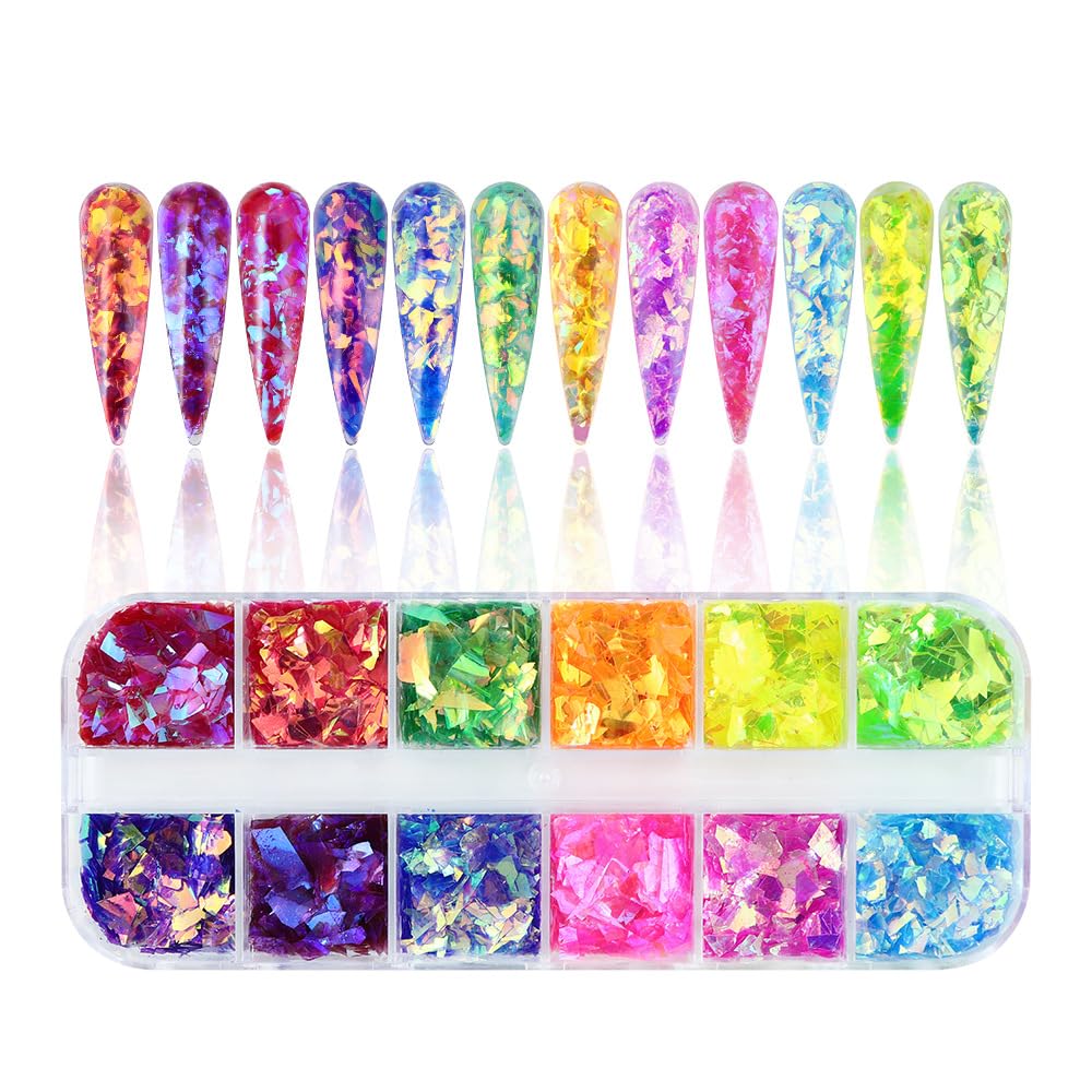 12Grids Holographic Mermaid Colorful Nail Art Glitter,Irregular Rainbow Candy Color Nail Art Flakes Sequins Gradient Bright Ice Slag Nail Sequins Summer Metallic Foil Nail Supplies DIY Nail Decoration-FemmiqueWomen