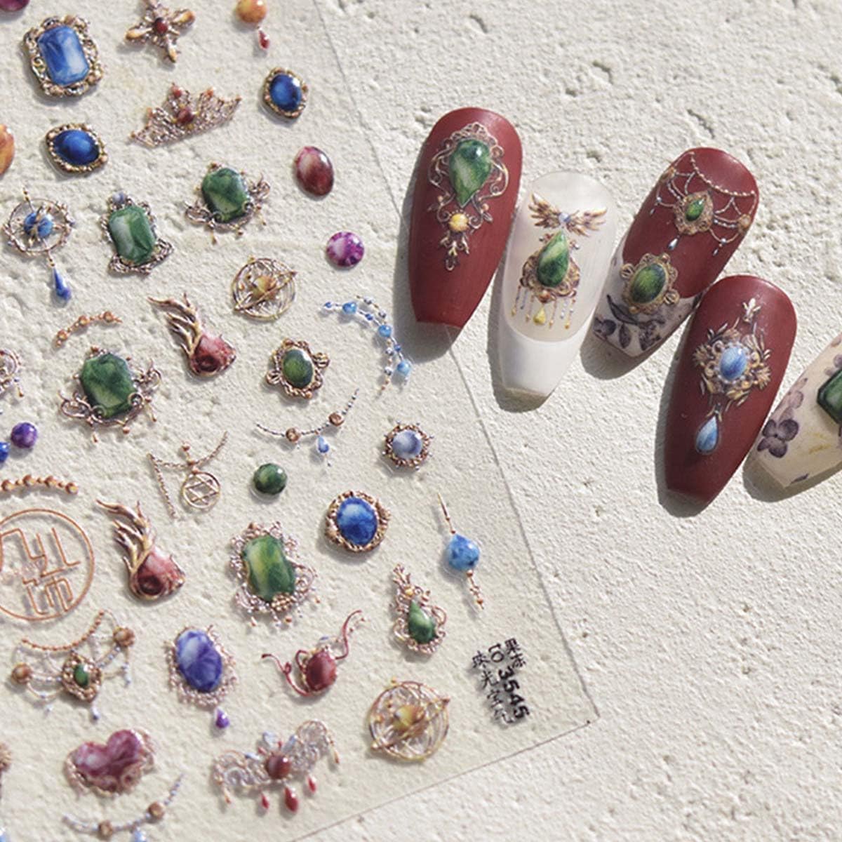 Jewels Nail Stickers for Nail Art 3D Necklace Pendant Jewels Gems Shaped Nail Decals Luxury Stickers for Nails Designs Self Adhesive Nail Art Supplies & Decorations for Women 1 Sheet-FemmiqueWomen