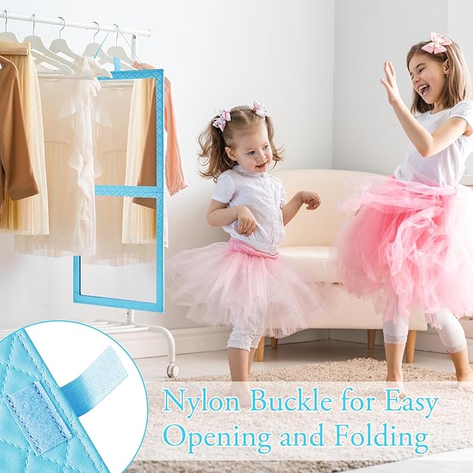 Foldable Backstage Mirror with Handle 33.5 X 13.4 Inch Leather Folding Hanging Mirror Rectangular for Travel Dance Bag Home Fitness Spa Gift for Dancers(Blue)