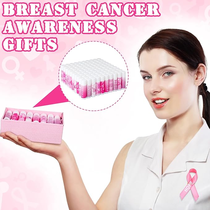 100 Set Pink Ribbon Breast Cancer Awareness Gifts Bulk, 100 Lip Balms, 100 Organza Gift Bags and 100 Tags Perfect for Charity Events, Survivors Awareness Campaigns-FemmiqueWomen