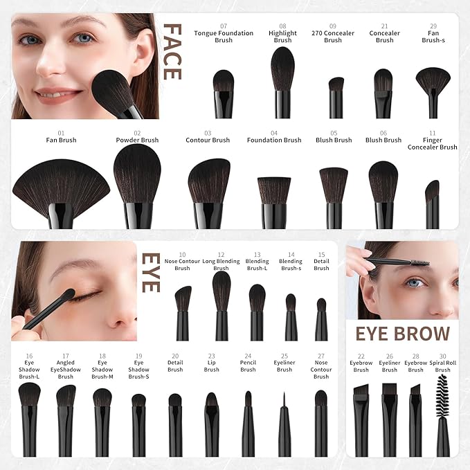 Docolor Makeup Brushes Set Professional 30Pcs Obsidian Makeup Brushes Premium Synthetic Powder Kabuki Foundation Contour Blush Concealer Eye Shadow Blending Eyeliner Crease Eyebrow Make Up Brush Kit-FemmiqueWomen