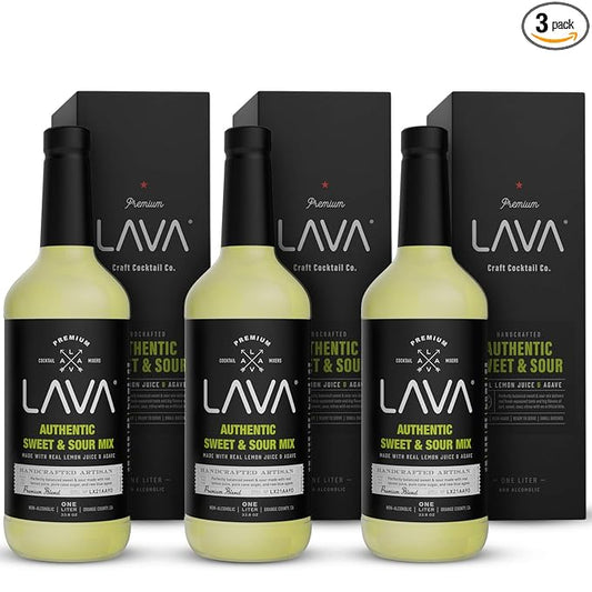(3 Pack) LAVA Premium Authentic Sweet & Sour Mix, Made with Real Lemon Juice, Lime Juice, Raw Blue Agave, No Artificial Sweeteners. Whiskey Sour, Long Island Iced Tea, Lemon Drop. 33.8oz Glass Bottles-FemmiqueWomen