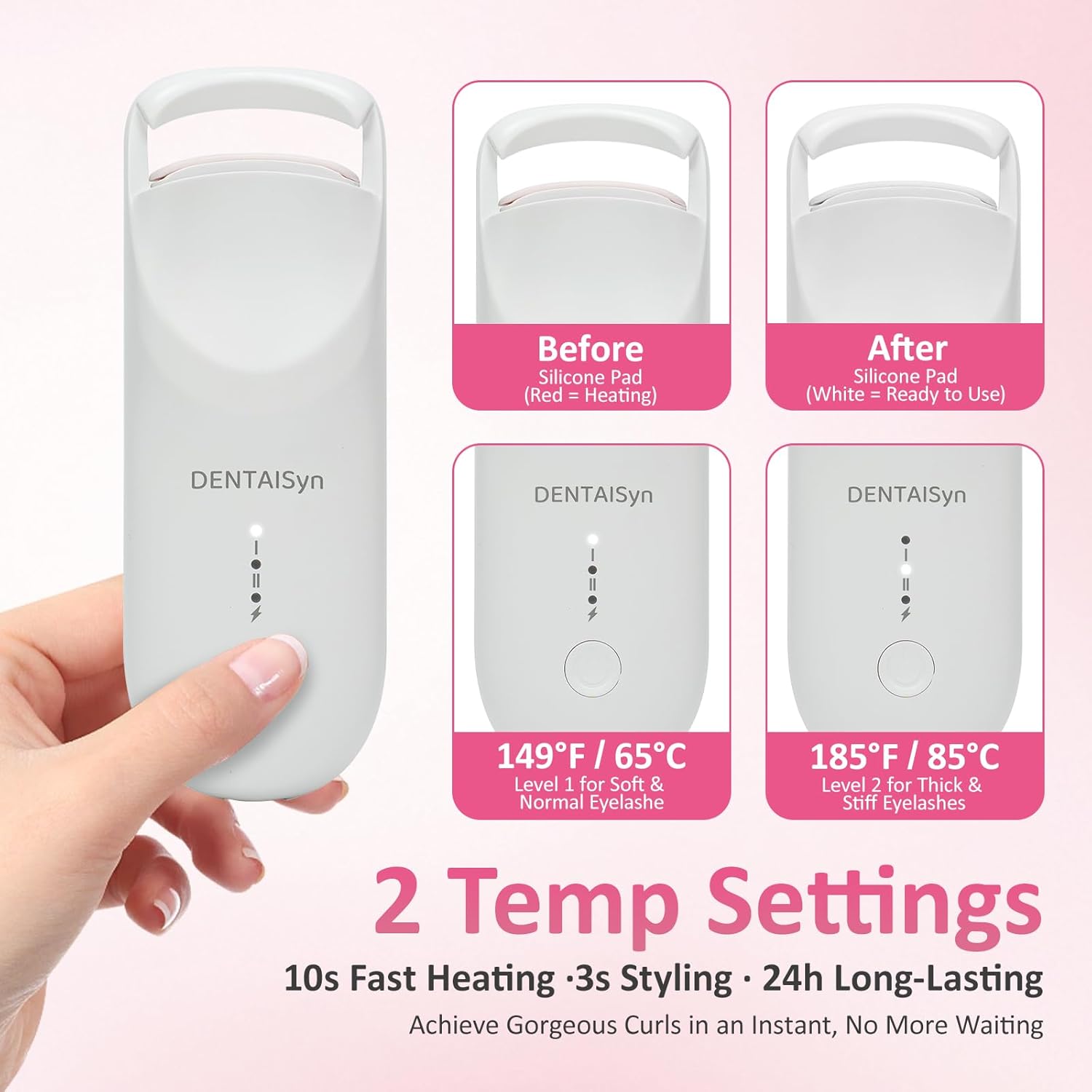 Heated Eyelash Curler - Electric Eyelash Curler with Heat Sensitive Silicone Pad, Type-C Rechargeable Mini Lash Curler, 10s Fast Heating 24hrs Long Lasting Lash Lift to Style Natural Eyelashes-FemmiqueWomen