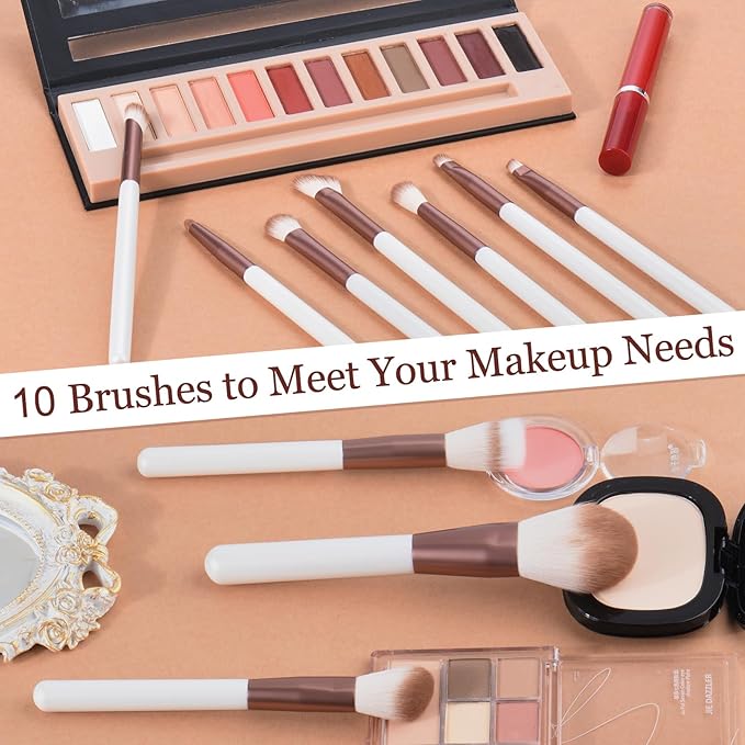 Makeup Brushes Set With Case 10Pcs White Makeup Brush Kit Foundation Eyeshadow Powder Blending Kabuki Eyebrow Eyelash Brushes Cosmetic Brush Travel Kit Gift (White+Brown)-FemmiqueWomen