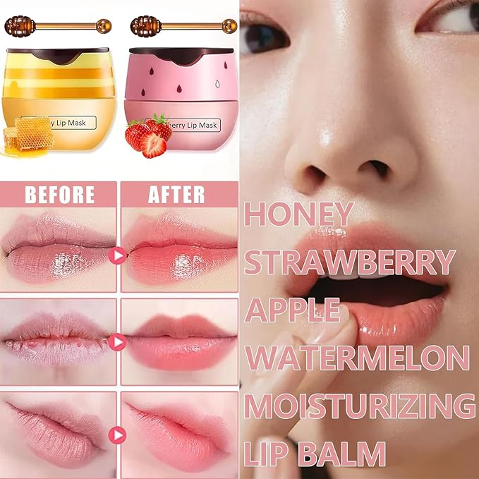 2 PCS Bee Lip Balm Honey Pot, Strawberry & Watermelon Lip Sleeping Masks Overnight, Hydrating Prevention Dry and Cracked Lip Scrubs Exfoliator Lip Care, Reduces Lip Lines-FemmiqueWomen