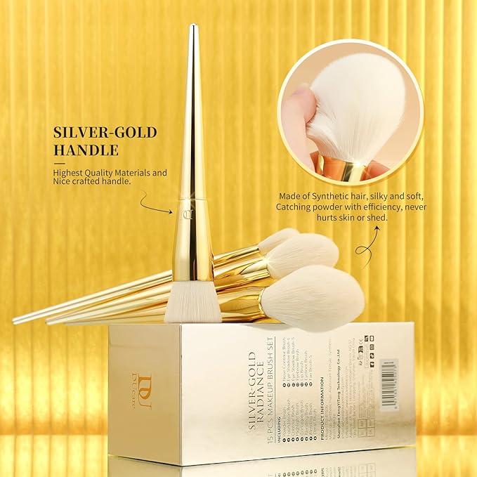DUcare Makeup Brushes 15Pcs Makeup Brush Set with Holder Premium Synthetic Powder Foundation Contour Blush Concealer Eye Shadow Blending Liner Make Up Brush Kit gold-silver-FemmiqueWomen
