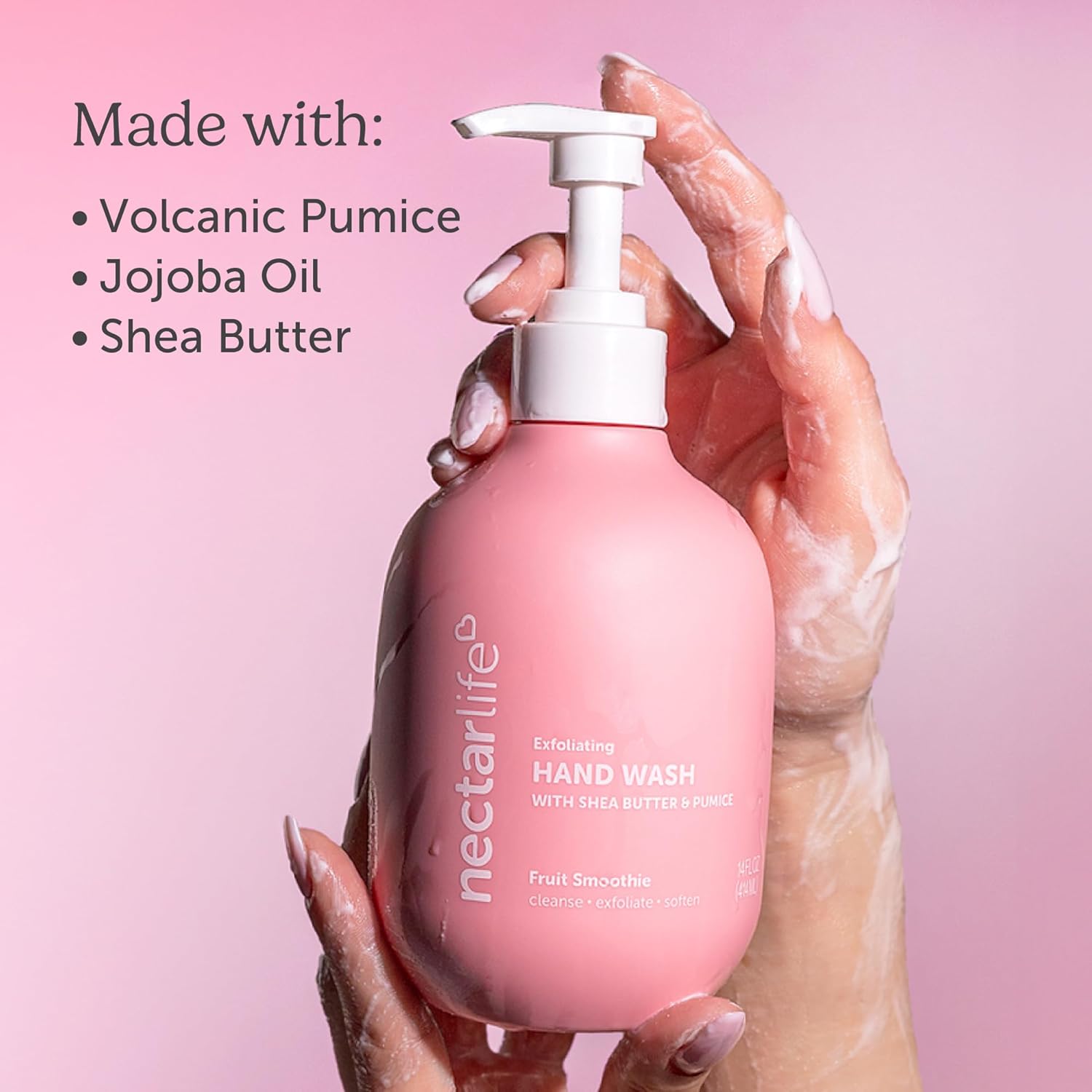Nectar Life Exfoliating & Moisturizing Hand Wash, Volcanic Pumice for Hand Scrub, Shea Butter Softens Hands, Clean Vegan Ingredients, Fruit Smoothie Scent-FemmiqueWomen