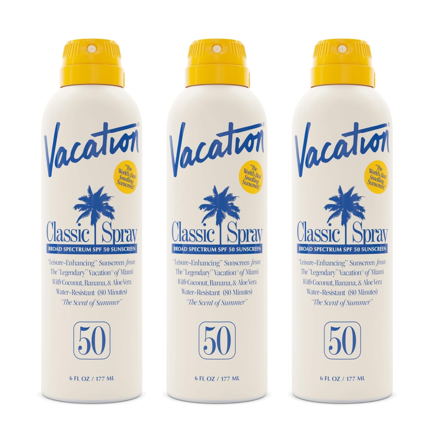Vacation Classic Sunscreen Spray SPF 50, Water-Resistant, Lightweight, Transparent on All Skin Tones, Dermatologist-Tested, Vegan, 6 Fl. Oz. (Value Pack of 3)-FemmiqueWomen