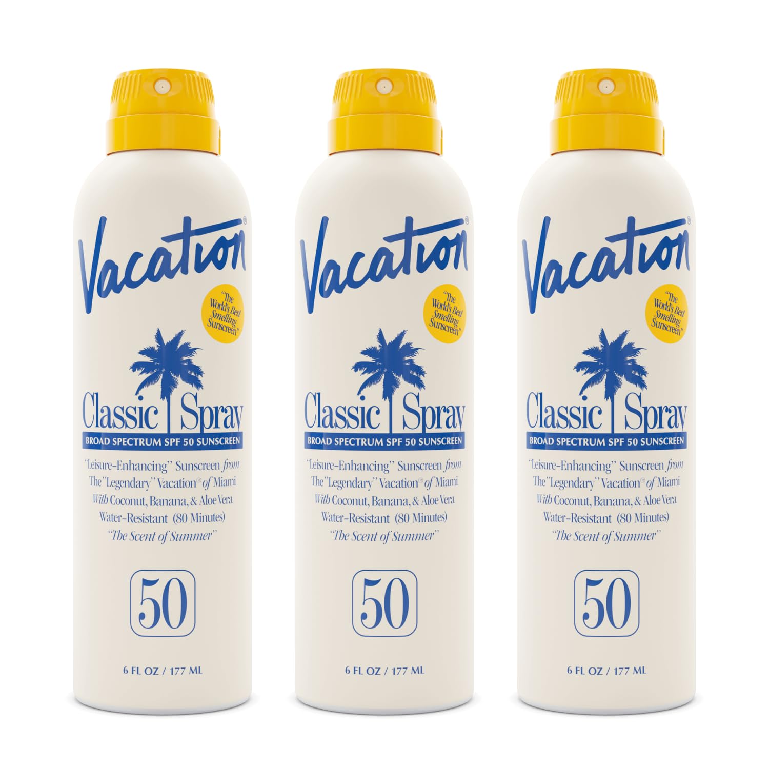 Vacation Classic Sunscreen Spray SPF 50, Water-Resistant, Lightweight, Transparent on All Skin Tones, Dermatologist-Tested, Vegan, 6 Fl. Oz. (Value Pack of 3)-FemmiqueWomen